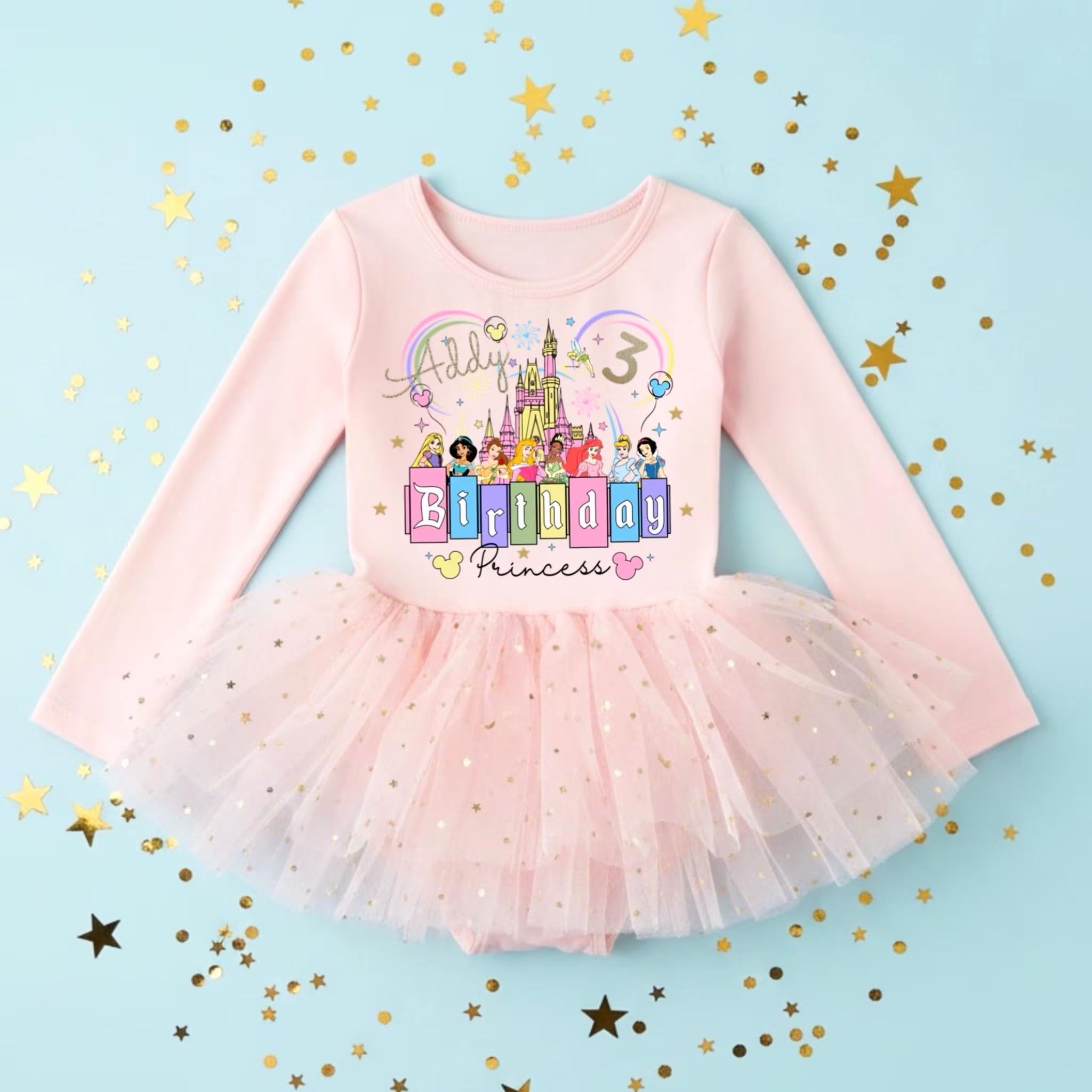 Princess Disney birthday tutu leotard by Mama & Addy with personalized name and age, featuring a colorful tutu and Disney princess design.